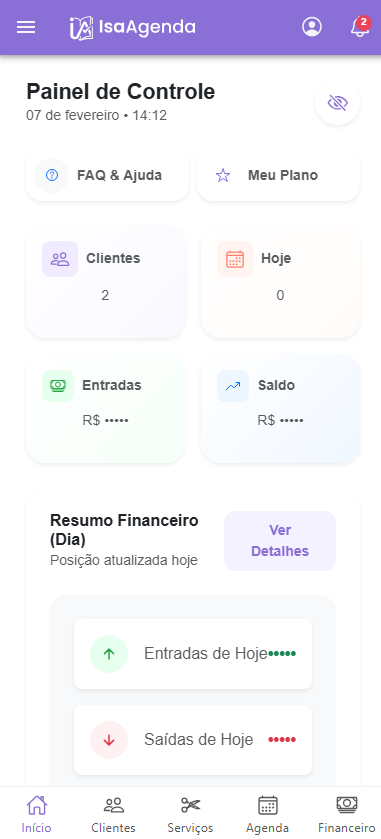 Tela do painel do ISAAgenda