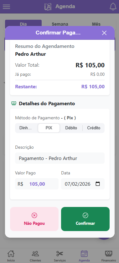 Tela de confirmação de pagamento do ISAAgenda