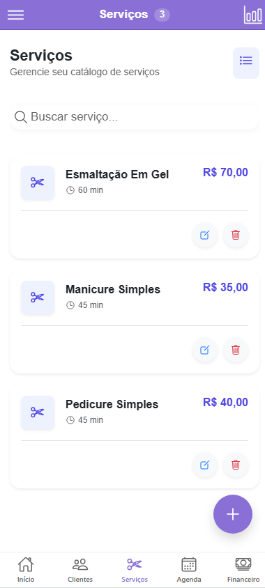 Tela de serviços do ISAAgenda
